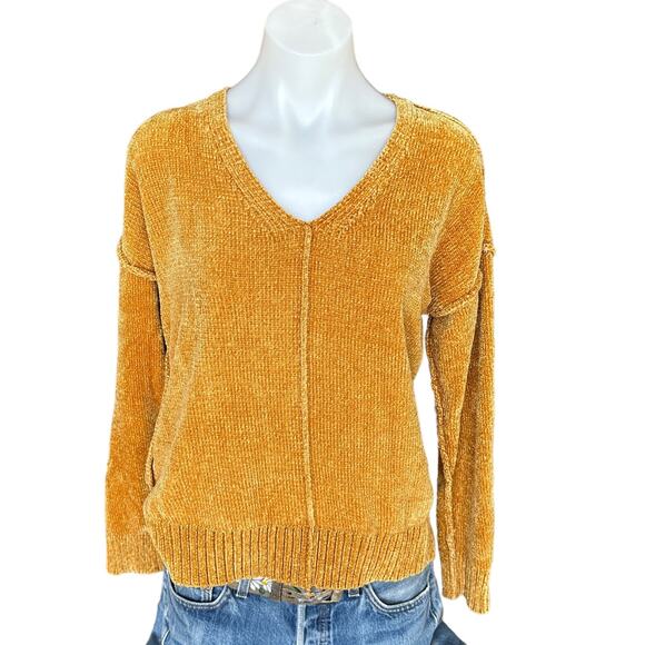 Rachel Zoe Mustard Chenille V-neck Sweater MEDIUM Slouchy Soft Rib Knit $209 - Picture 1 of 5